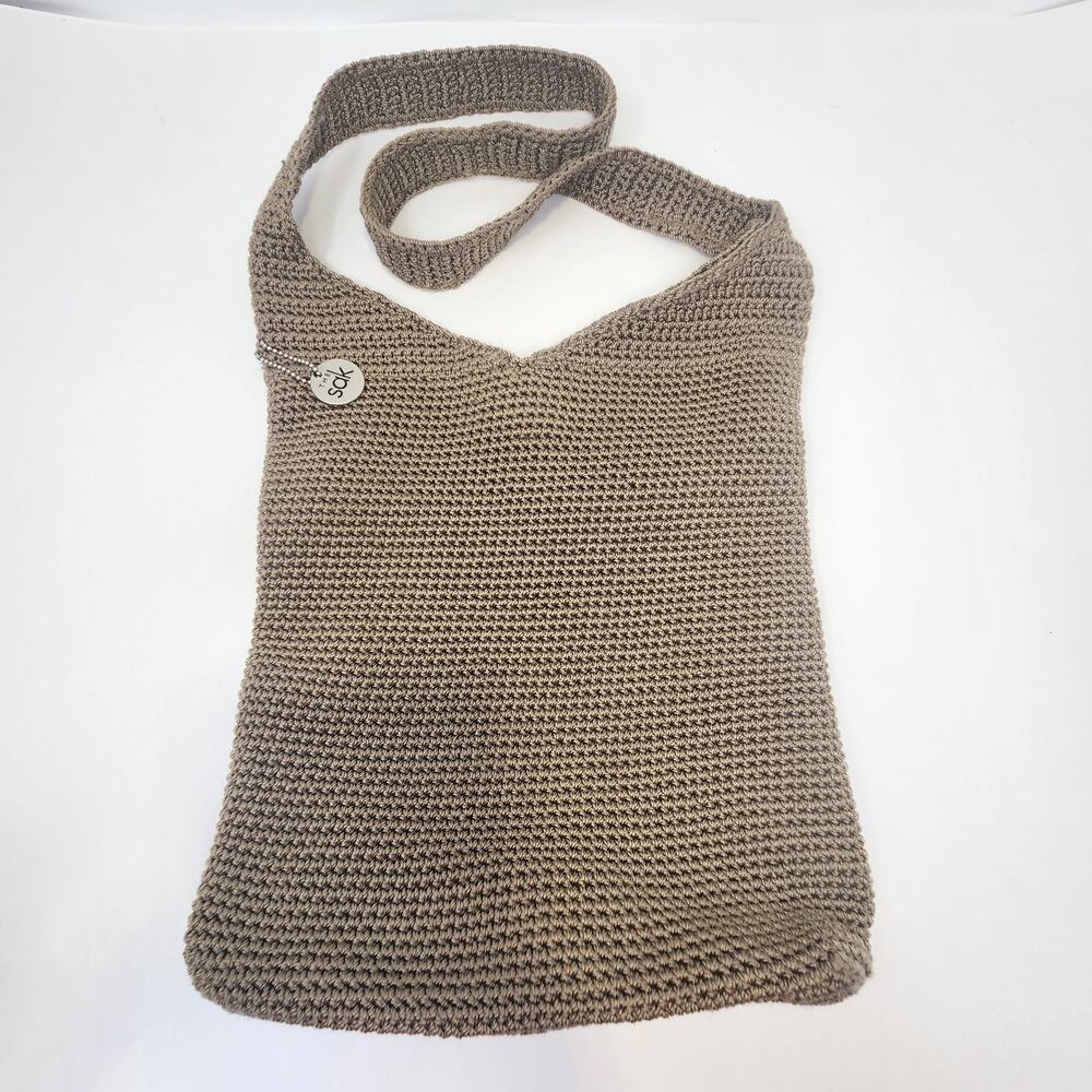The Sak Crochet Knit Tan Brown Shoulder Bag Boho Casual Magnetic Closure Charm